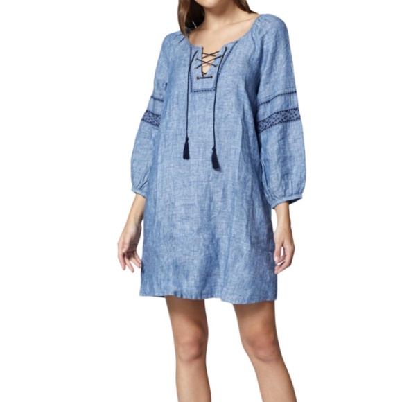 NWT Sanctuary Mirabella Boho Lace Up Linen Peasant Chambray Dress Raven Wash - Picture 1 of 2